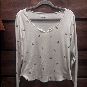 Old Navy Cream Long Sleeve Tee with Purple Floral Design